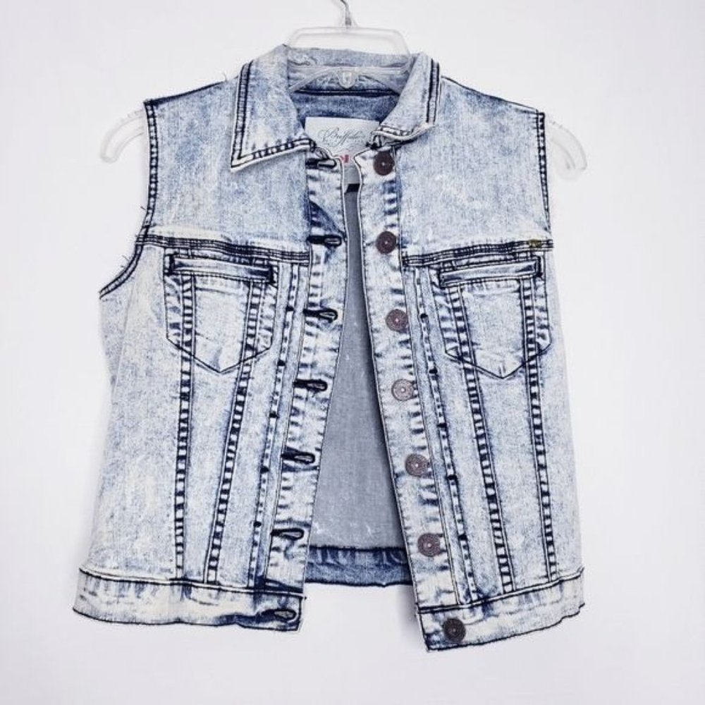 Buffalo David Bitton Acid Washed Distressed Denim Jean Jacket Vest Size Small